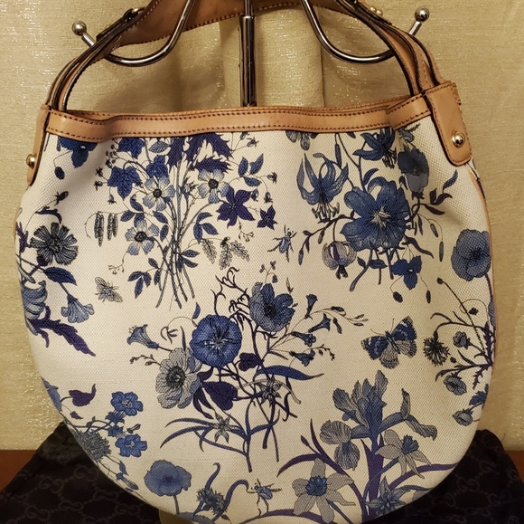 Gucci Horsebit Flora Wave Blue Canvas Hobo Bag - Picture 3 of 9